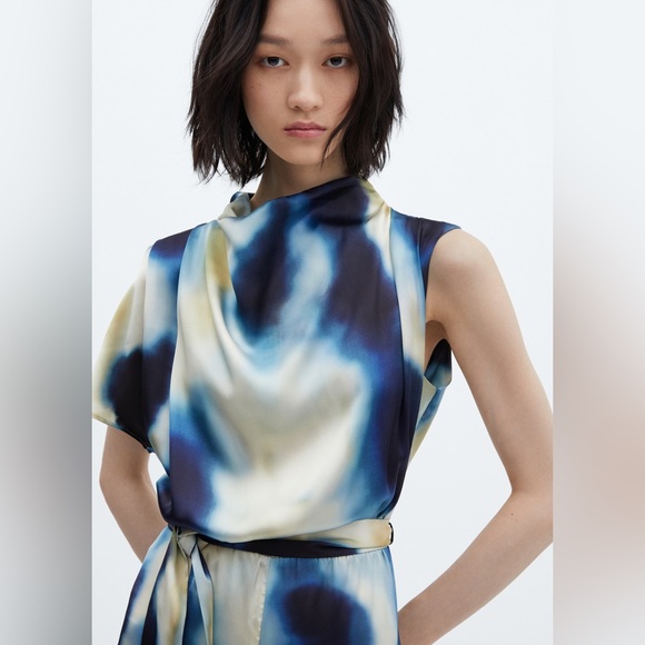 Mango MNG Satin Jumpsuit Draped Neck Wide Leg Belted Blue Print Small - Picture 4 of 9